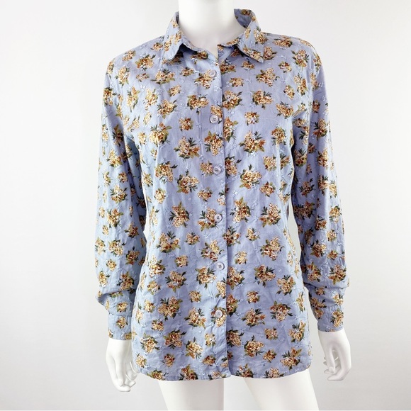 Lemon-Grass Blue Floral Eyelet Embroidered Long Sleeve Button Down Shirt Size S - Picture 1 of 12